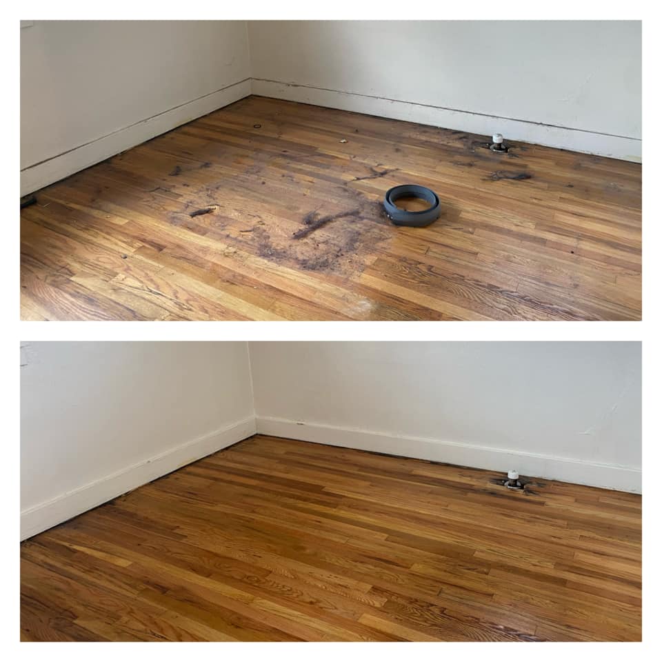 Hardwood floor before and after professional cleaning