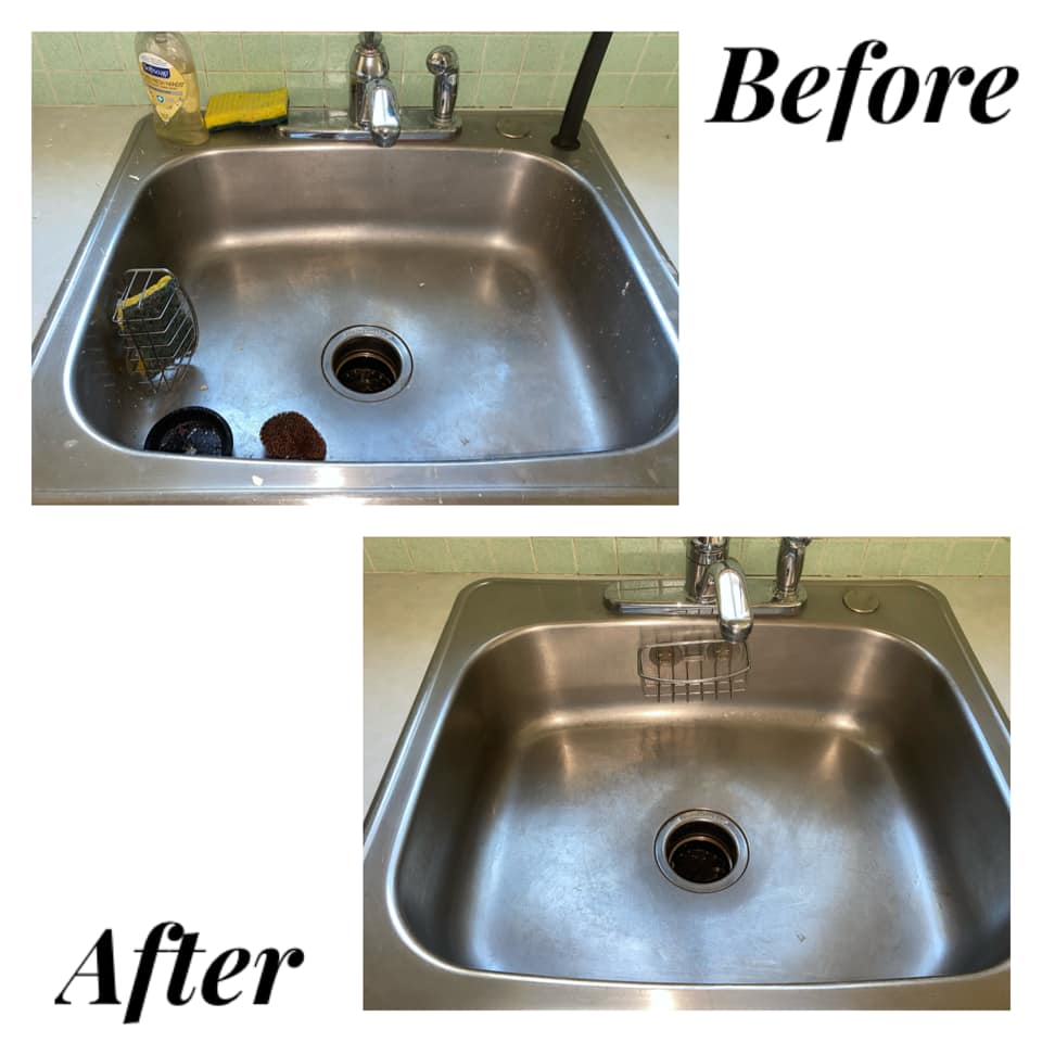 Kitchen sink area before and after deep clean